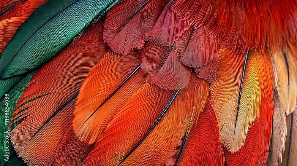 Fototapeta premium Close-up of vibrant red, orange, and green bird feathers.