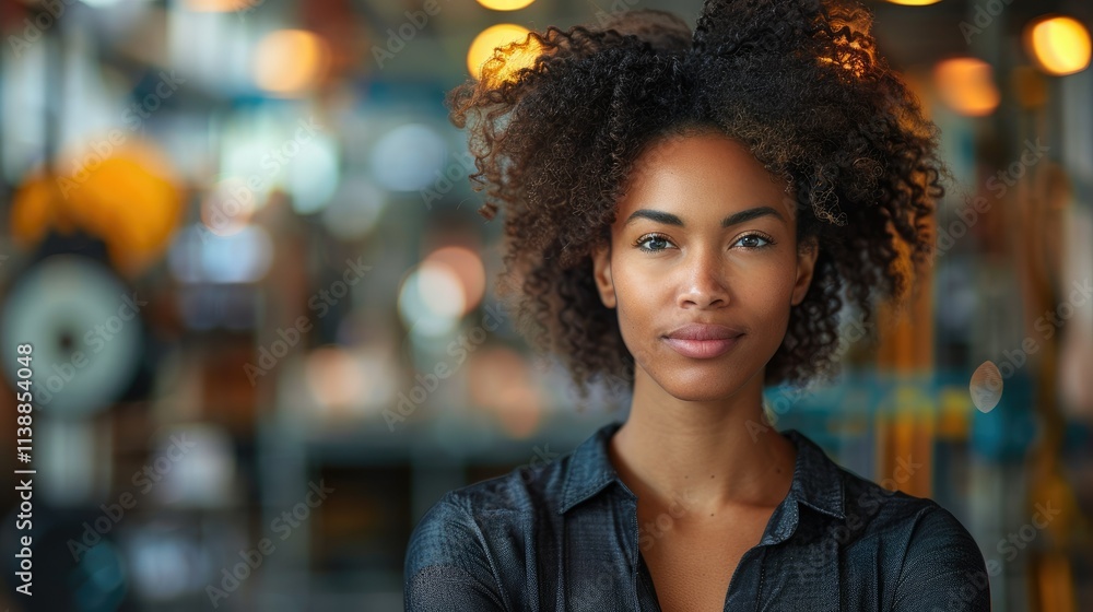 Confident young woman with afro hairstyle in industrial setting. Confident young woman with afro hairstyle in industrial setting.