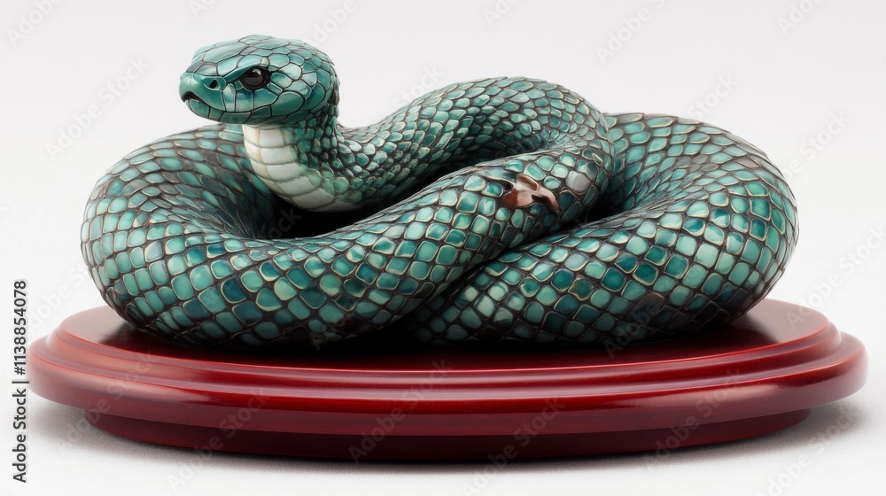 Fototapeta premium Intricate Green Serpent Sculpture on Wooden Base