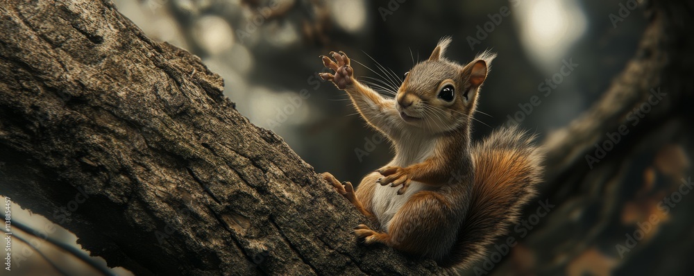 Obraz premium Playful squirrel perched on tree branch, intricate fur pattern, detailed paw position, natural forest setting