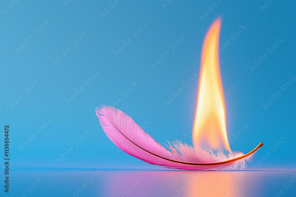 Fototapeta premium Pink feather burning with a flame on a blue background, symbolizing fragility, transformation, and resilience.
