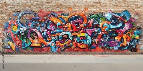 Graffiti painted wall with colorful random letters and number crowd design, street stylish artwork