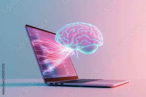 Glowing brain is connected with coding lines coming out of a laptop screen, a concept of artificial intelligence and machine learning.
