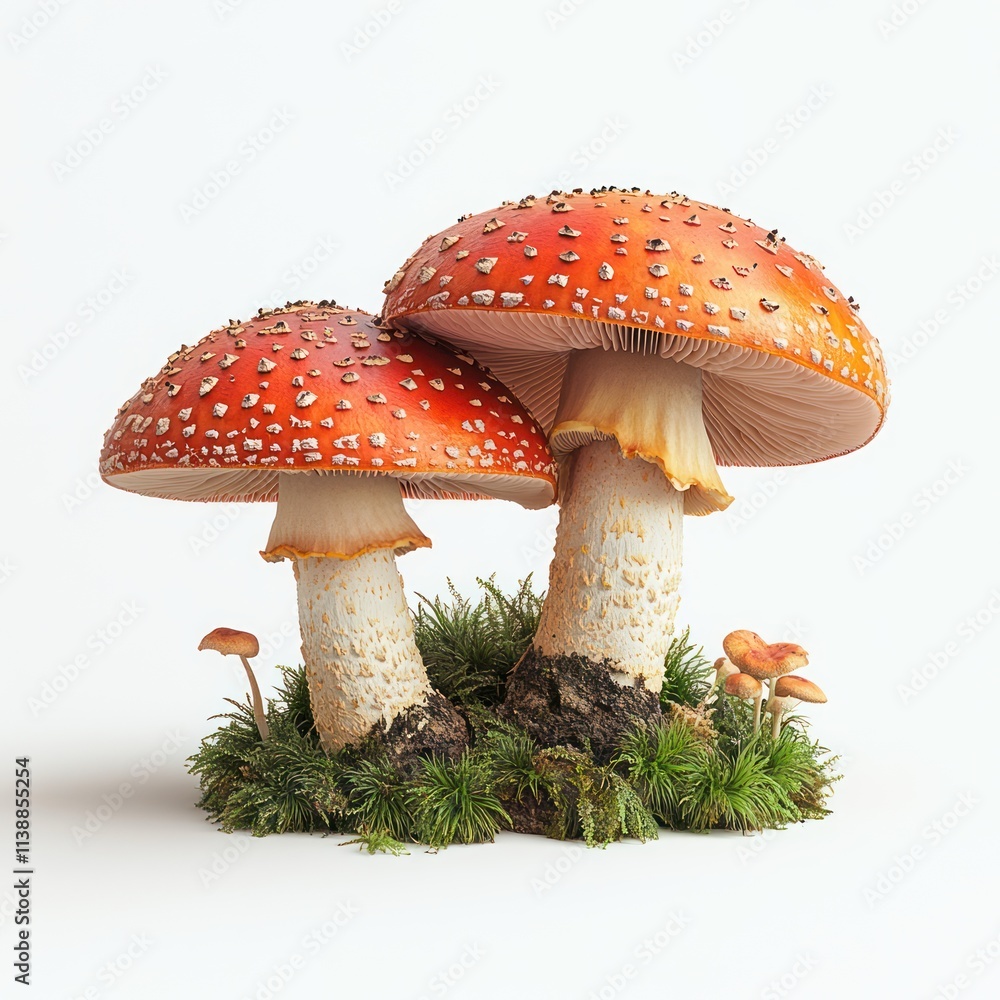 Obraz premium Two vibrant red toadstools with white spots, nestled in green moss, against a clean white background.