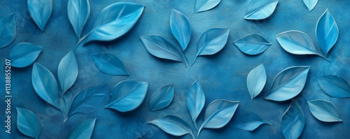 Ornamental Blue Leaves on Textured Blue Background