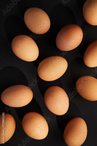 Chicken eggs on black background. View from the top