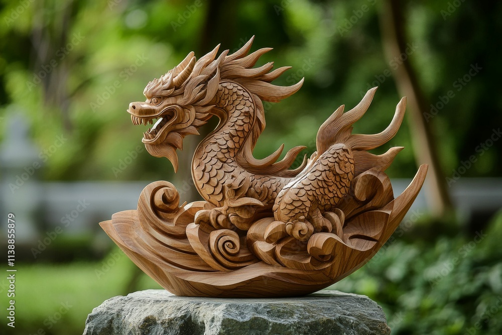 Fototapeta premium Intricate wooden dragon carving, waves, stone base.