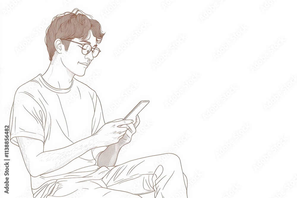 A simple line drawing of an adult man sitting on the edge with his phone in hand, wearing glasses and casual Generative AI A simple line drawing of an adult man sitting on the edge with his phone in hand, wearing glasses and casual Generative AI