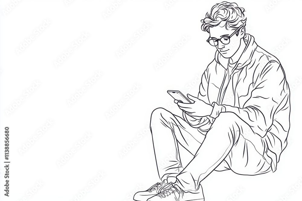 A simple line drawing of an adult man sitting and holding his phone, white background The character is wearing glasses with light hair and casual Generative AI A simple line drawing of an adult man sitting and holding his phone, white background The character is wearing glasses with light hair and casual Generative AI
