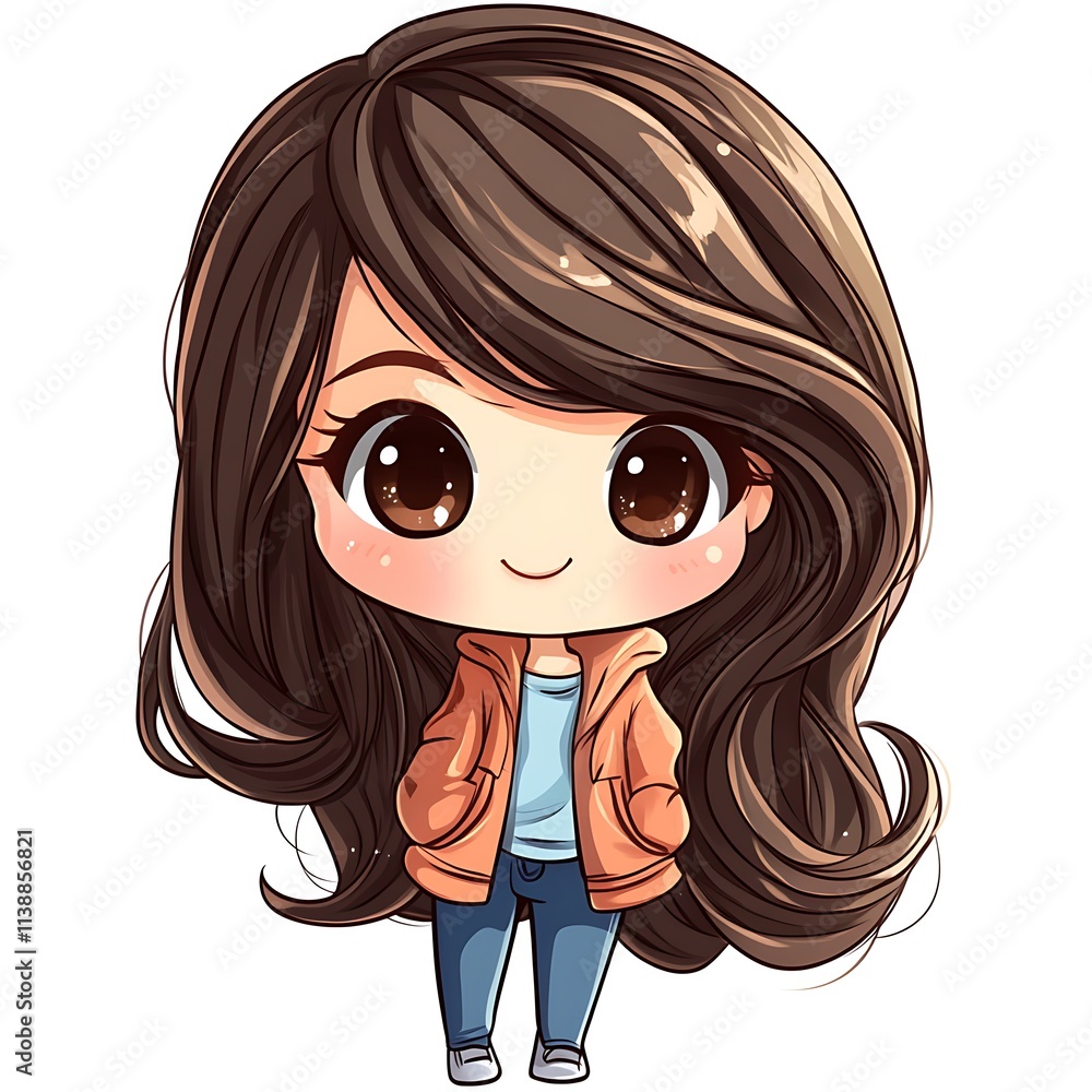 Cute anime girl with long brown hair. Concept of kawaii, anime, and girl. Cute anime girl with long brown hair. Concept of kawaii, anime, and girl.