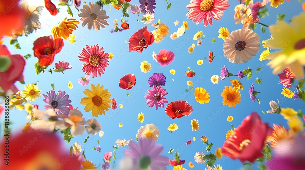 Flowers spread over the blue sky, colorful plants floral spring theme abstract design Flowers spread over the blue sky, colorful plants floral spring theme abstract design