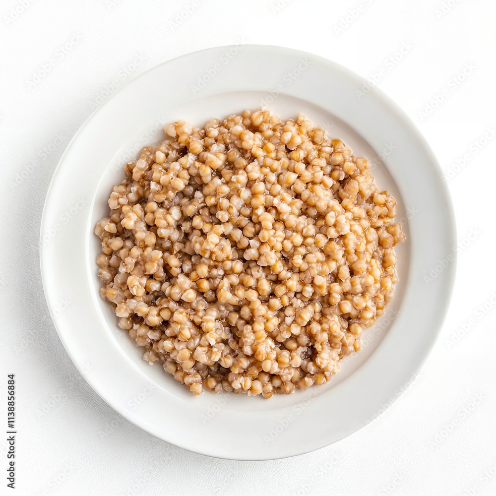 Cooked buckwheat porridge in a plate on an isolated white background, top view Cooked buckwheat porridge in a plate on an isolated white background, top view