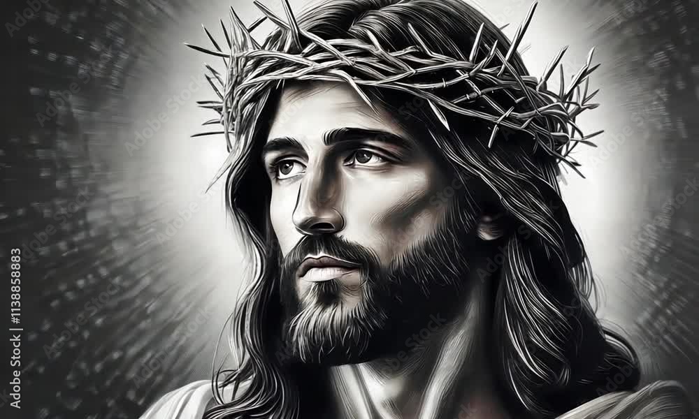 Portrait of Jesus Christ in black and white illustration. Jesus Christ ...