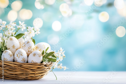 Colorful eggs in a wicker basket are surrounded by flowers, celebrating the joy of spring festivities