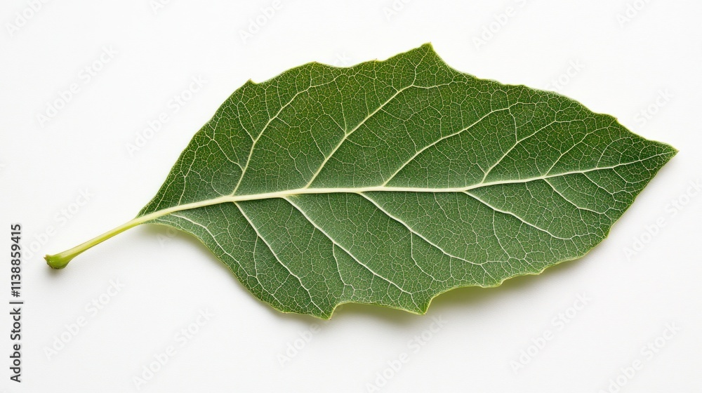 Detailed Close-up of a Single Green Leaf Against a White Background Detailed Close-up of a Single Green Leaf Against a White Background