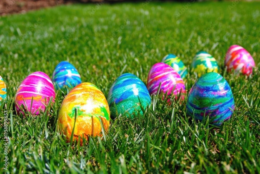 A collection of brightly colored Easter eggs in vivid patterns arrayed on lush green grass, evoking themes of celebration, creativity, and festivity. A collection of brightly colored Easter eggs in vivid patterns arrayed on lush green grass, evoking themes of celebration, creativity, and festivity.