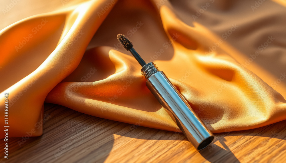 Naklejka premium A lipstick placed elegantly on soft golden silk fabric atop a wooden table, creating a luxurious and warm beauty composition.