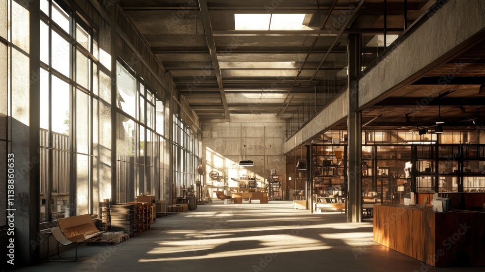 Sunlit Industrial Warehouse Interior: A Modern Architectural Design Sunlit Industrial Warehouse Interior: A Modern Architectural Design