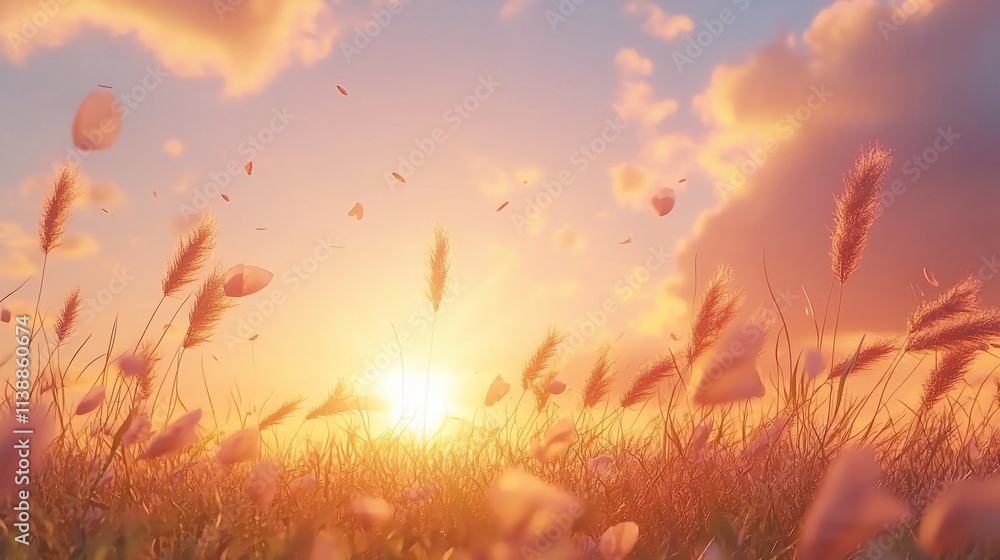 Sunset over field with grass and petals. Sunset over field with grass and petals.
