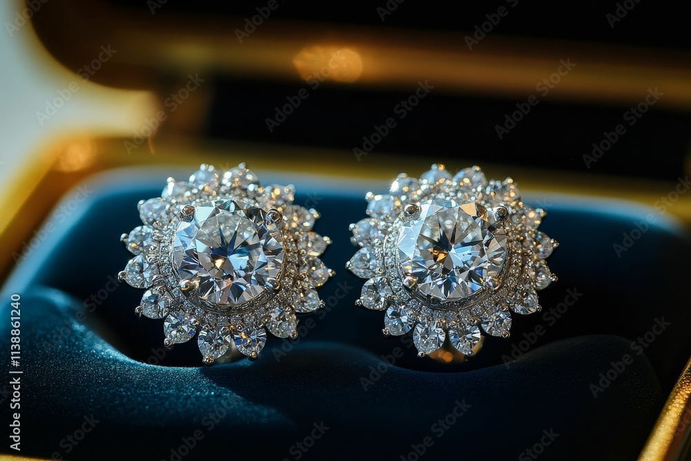 Sparkling diamond earrings, floral setting, dark box. Sparkling diamond earrings, floral setting, dark box.