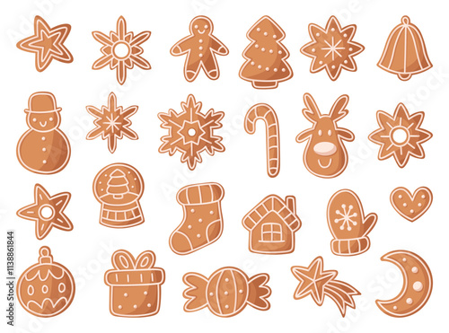 A set of Winter Christmas Gingerbread. Gingerbread Classic Decorated Cookies. New Year's Eve cookies. Holiday winter symbols. White isolated background. Vector themed illustration.