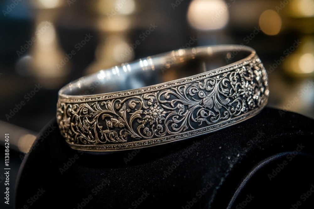 Ornate silver bracelet, floral design, dark background. Ornate silver bracelet, floral design, dark background.