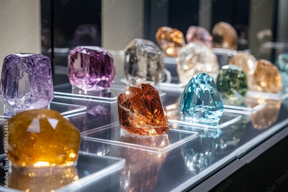 Colorful gemstone collection displayed on glass. Colorful gemstone collection displayed on glass.
