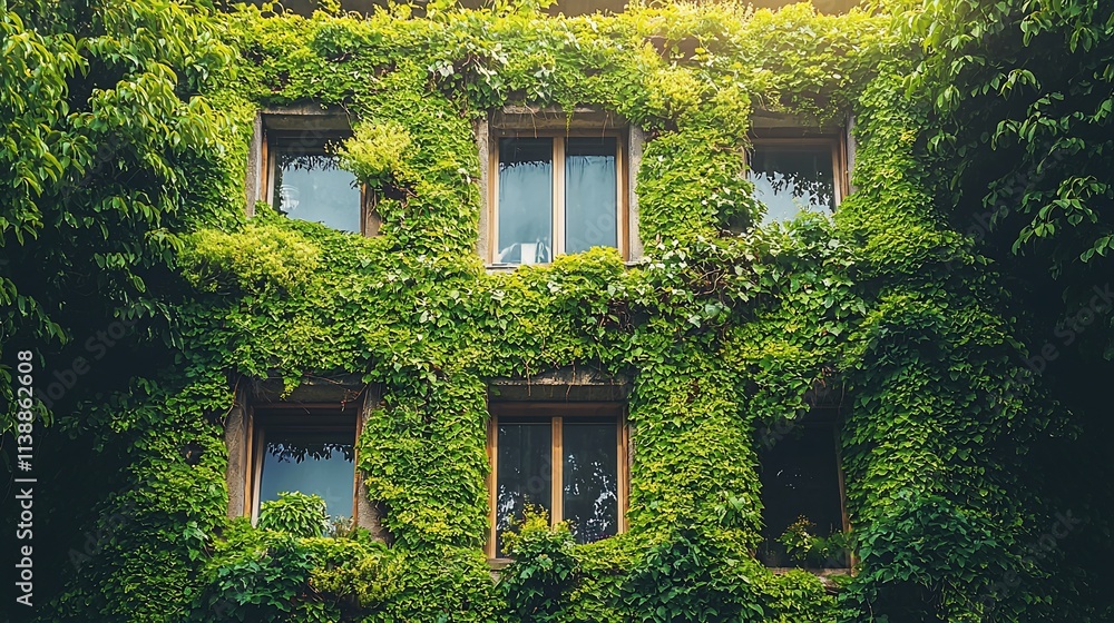 Ivy-covered building facade with six windows. Ivy-covered building facade with six windows.