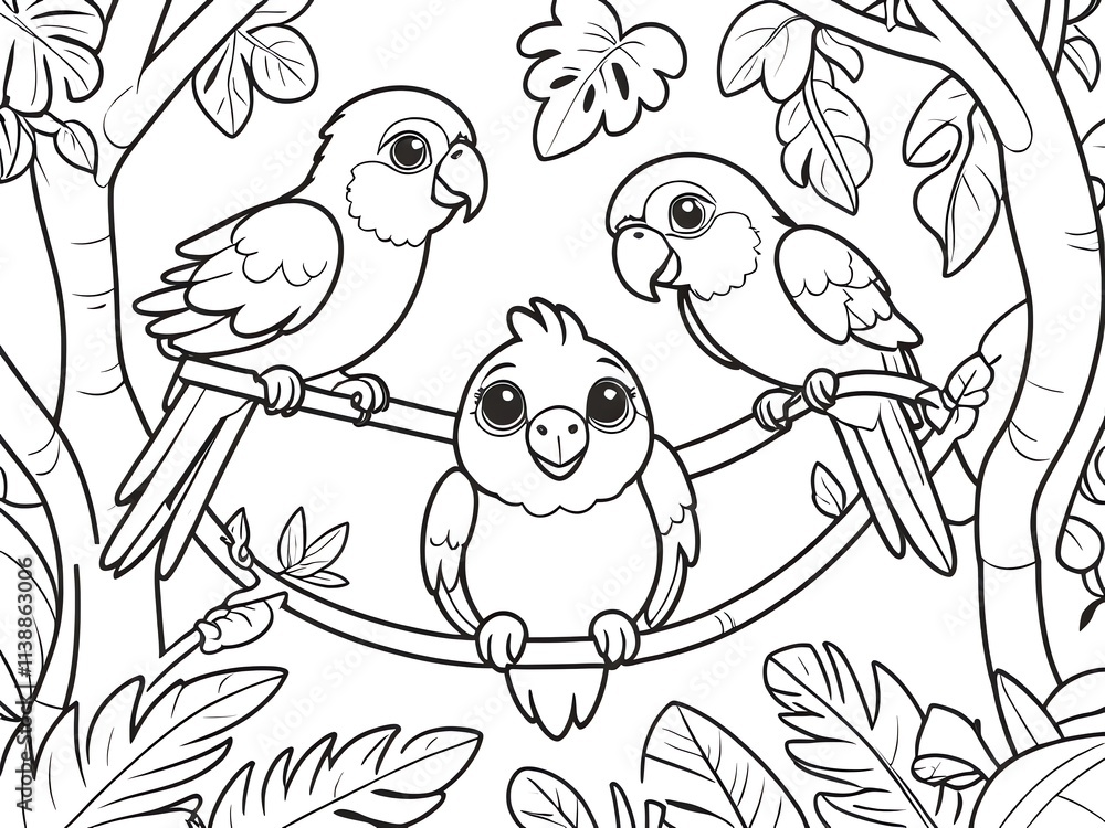 Fototapeta premium Adorable Parrots in a Tropical Paradise: A Coloring Page Delight