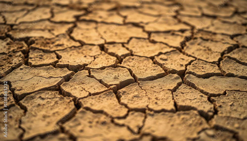 Fototapeta premium A close-up of cracked, dry earth in a parched landscape, highlighting environmental issues, texture, and the impact of drought on nature.