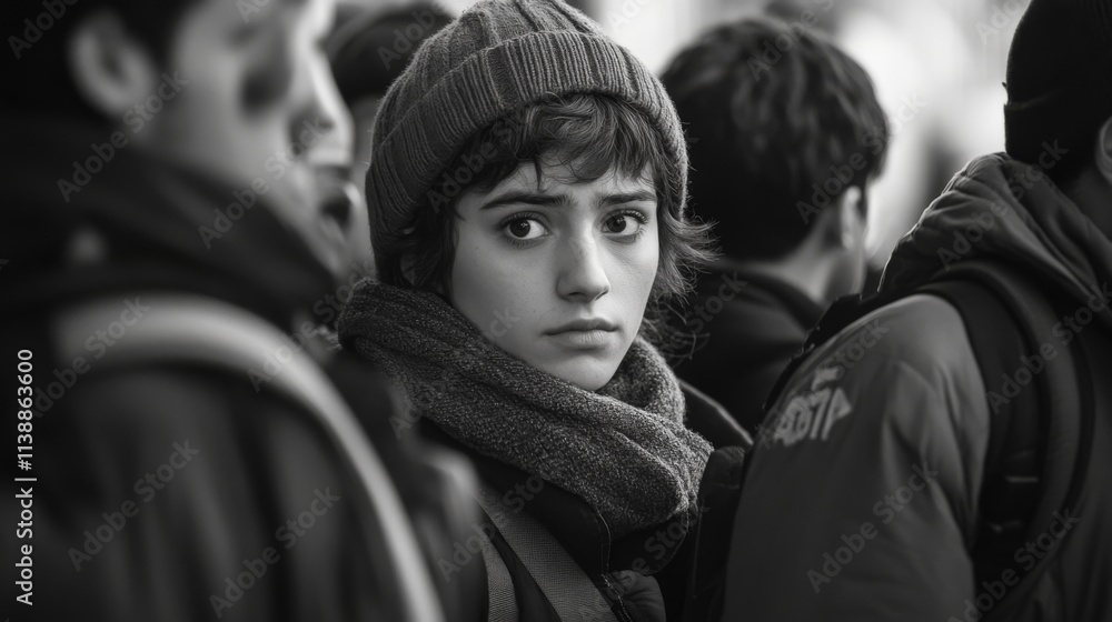 Black and white candid portrait of a young man in a crowded setting Black and white candid portrait of a young man in a crowded setting