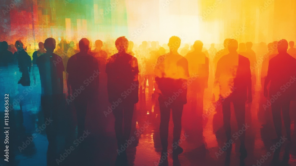Silhouettes of people walking in a brightly lit colorful environment Silhouettes of people walking in a brightly lit colorful environment