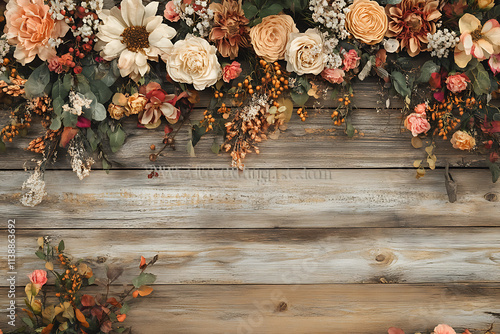 Boho Chic Fall Wood Background with Warm Autumn Tones. photo