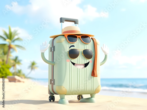 Person on vacation with a suitcase near the beach with transport icons including car, train, and suitcase photo