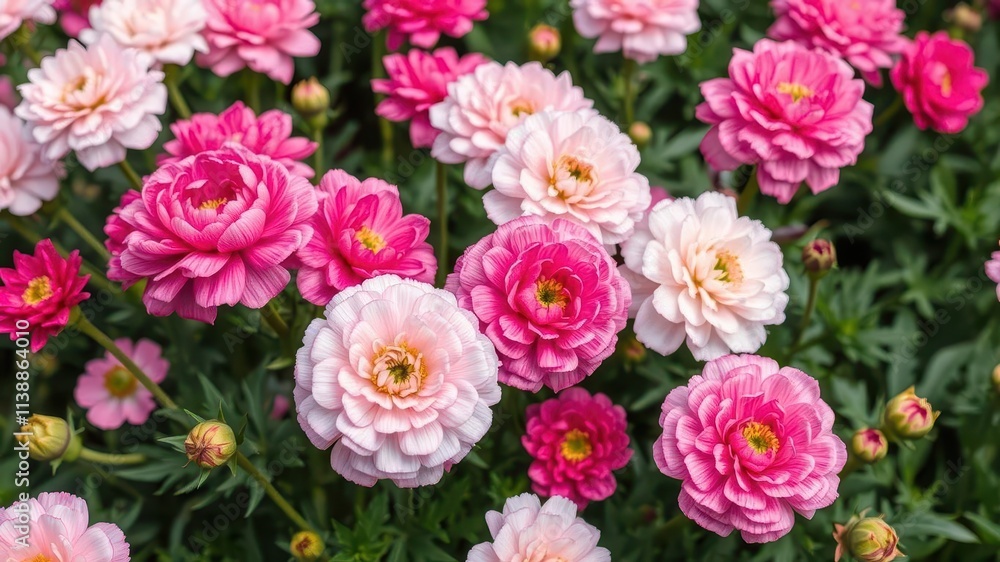 Pink and white ranunculus flowers blooming in a lush garden, ranunculus, garden, flowers Pink and white ranunculus flowers blooming in a lush garden, ranunculus, garden, flowers