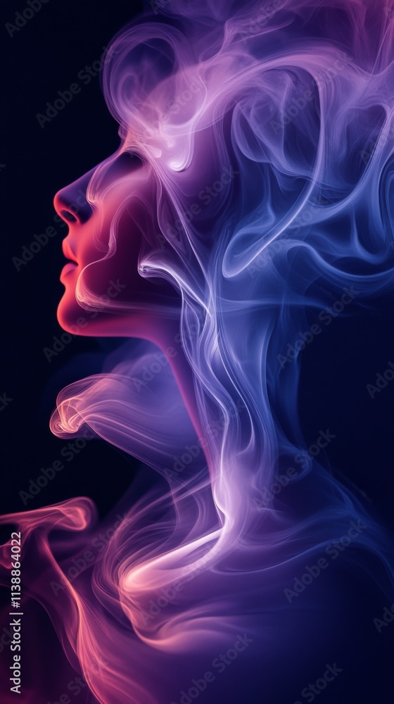 Abstract profile of a woman with glowing purple and pink smoke effects Abstract profile of a woman with glowing purple and pink smoke effects