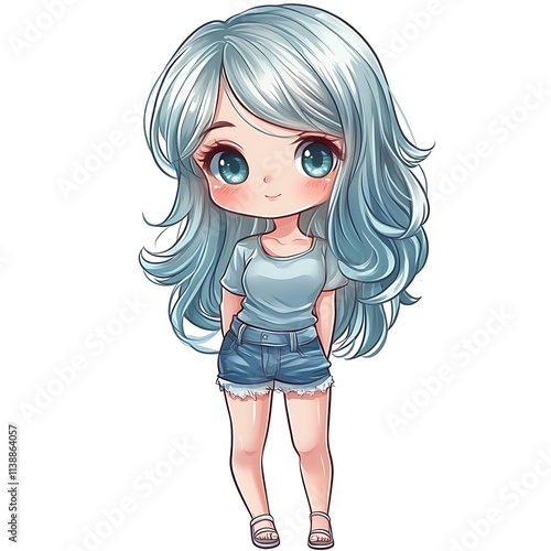 Cute anime girl in casual summer outfit.  Kawaii girl illustration. photo