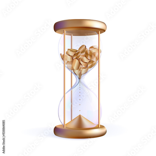 Golden coins to sand hourglass. Budget timer 3d icon. Time flow in glass bulb. Vector transparent sandglass countdown. Abstract realistic game deadline. Geometric flowing modern half passed period