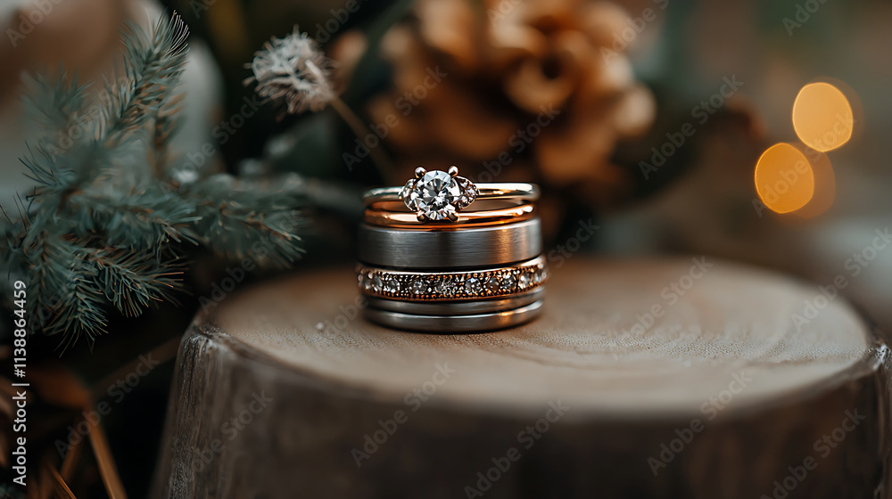 close up of wedding rings on wooden surface, surrounded by greenery and soft lights, capturing essence of love and commitment close up of wedding rings on wooden surface, surrounded by greenery and soft lights, capturing essence of love and commitment