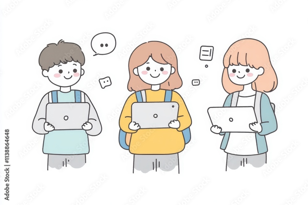 A set of cute college students holding laptops, smiling and talking to each other in a line art style, with a simple flat illustration using pastel colors on a white background Generative AI A set of cute college students holding laptops, smiling and talking to each other in a line art style, with a simple flat illustration using pastel colors on a white background Generative AI