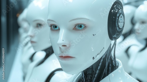 Humanoid robot with glowing white faceplate in futuristic setting