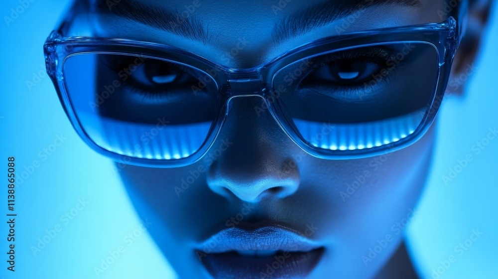 Person wearing futuristic glasses with glowing blue neon reflections Person wearing futuristic glasses with glowing blue neon reflections