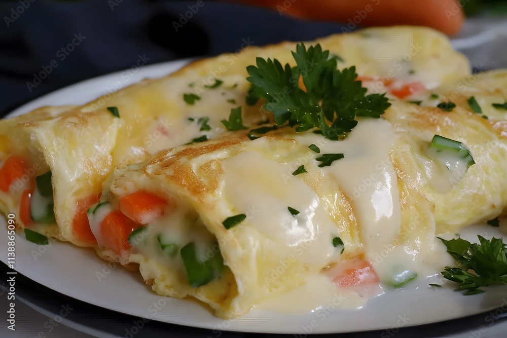 Delicious omelettes filled with vegetables and topped with creamy sauce. Delicious omelettes filled with vegetables and topped with creamy sauce.