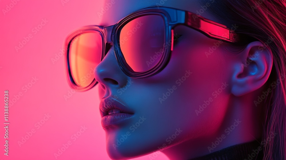 Stylish woman in red futuristic sunglasses with neon pink and blue lighting Stylish woman in red futuristic sunglasses with neon pink and blue lighting