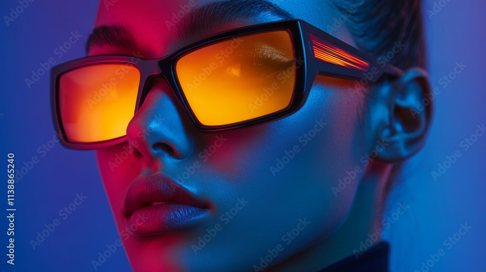 Stylish woman in orange futuristic sunglasses with neon blue and pink lighting Stylish woman in orange futuristic sunglasses with neon blue and pink lighting