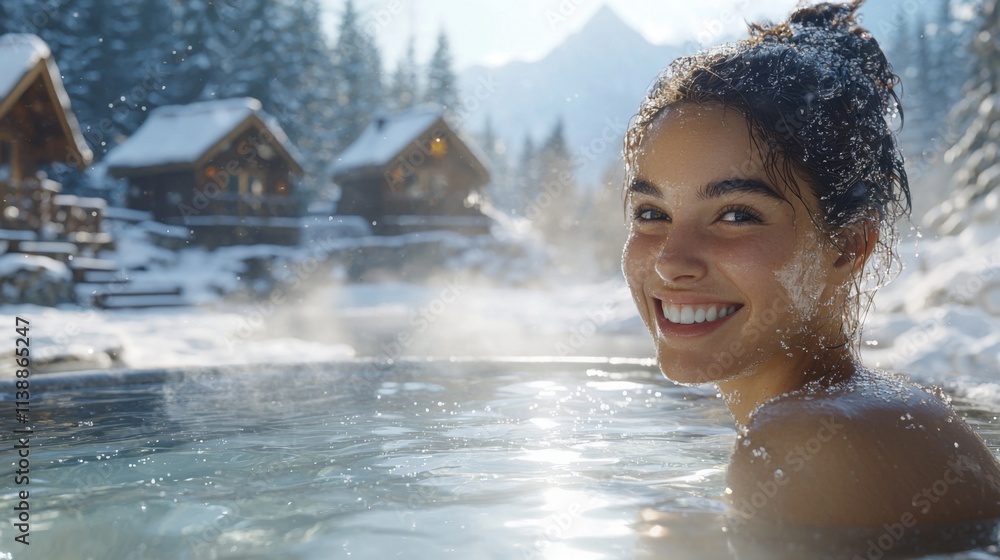 Smiling woman relaxing in an outdoor hot spring with snow-covered houses Smiling woman relaxing in an outdoor hot spring with snow-covered houses