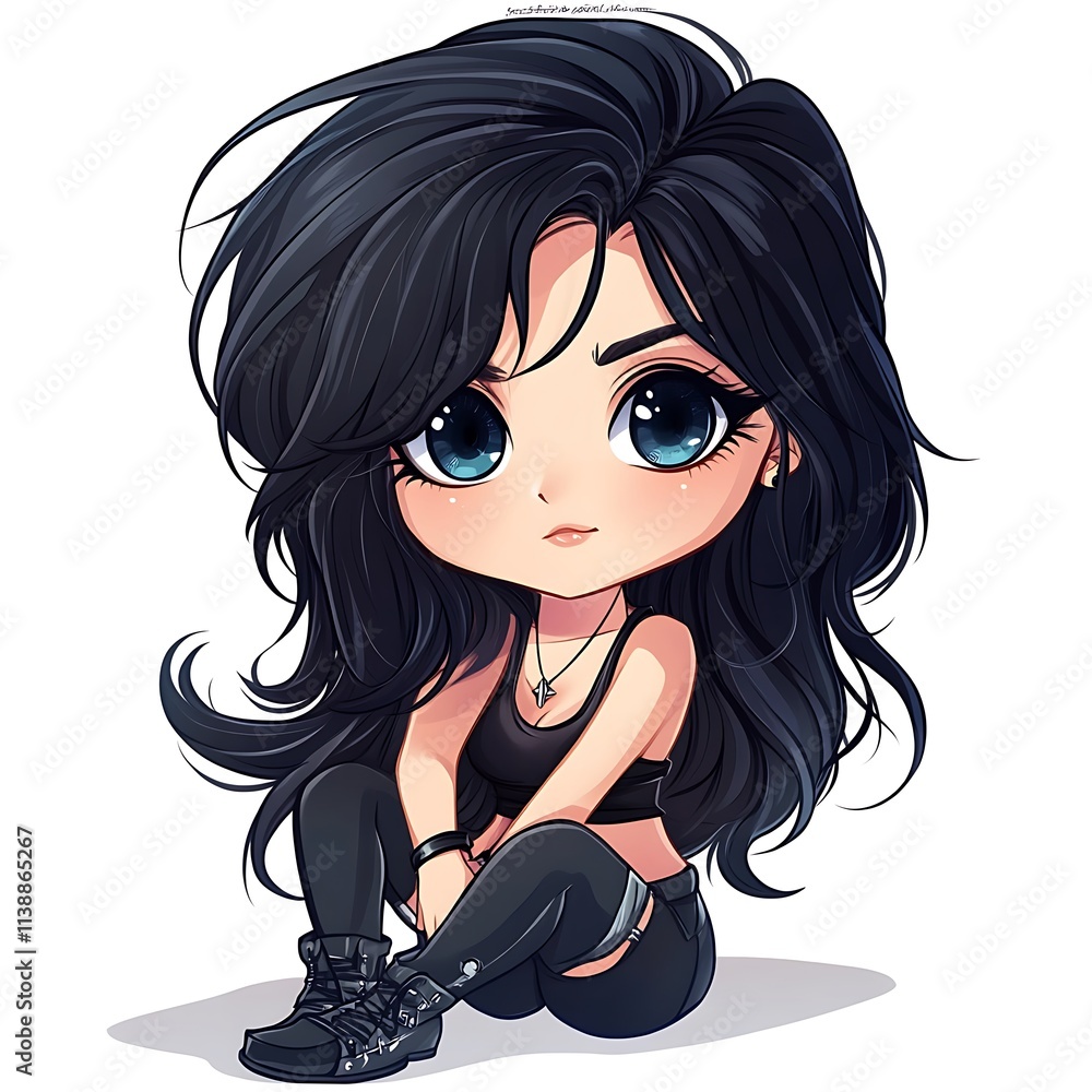 Cute chibi girl with black hair. Kawaii anime girl illustration. Cute chibi girl with black hair. Kawaii anime girl illustration.