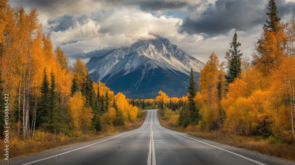Scenic autumn roadway to alpine mountain surrounded by trees under a cloudy sky and soft lighting Scenic autumn roadway to alpine mountain surrounded by trees under a cloudy sky and soft lighting
