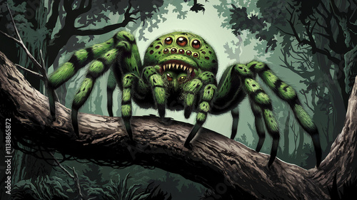 Green Monster Spider Lurks In Forest photo