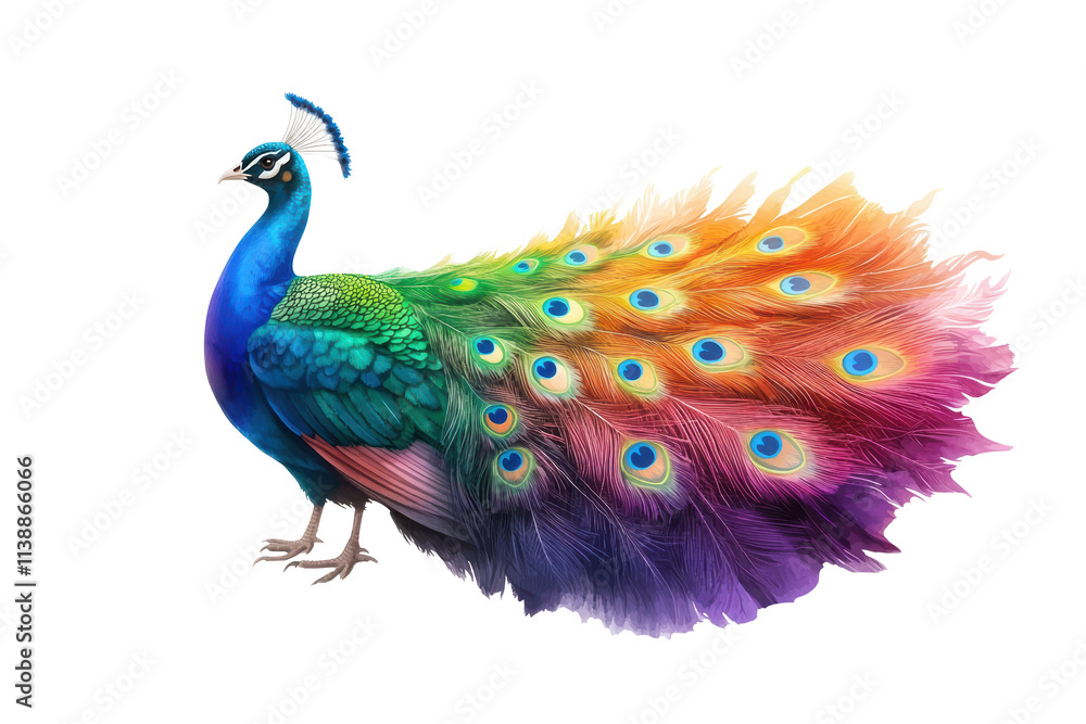 Fototapeta premium A vibrant peacock displaying its colorful plumage, showcasing an array of blues, greens, and purples.